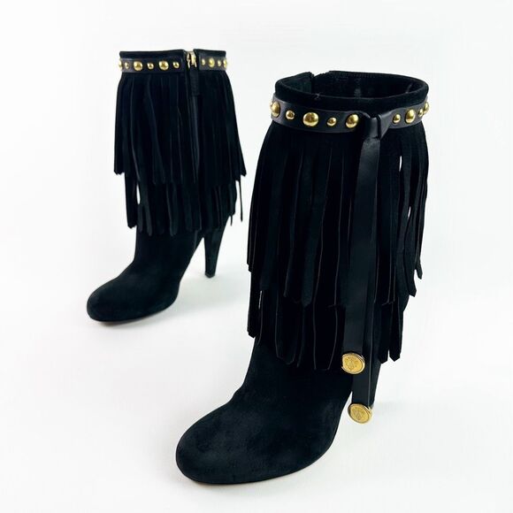 Gucci Shoes - GUCCI Devendra Fringe Tassel Black Suede Boots Size 36.5 Heeled Bootie Studded